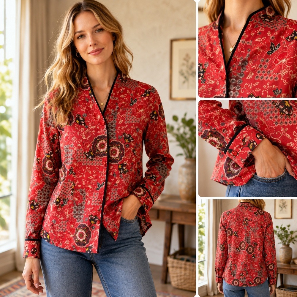Indian Block Print Cotton Blouse Womens L Red Floral Mandarin Collar Boho